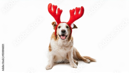 Generated imageHappy dog wearing red reindeer antlers sitting on a white background. PNG transparent photo