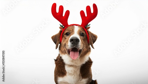 Generated imageHappy dog wearing red reindeer antlers sitting on a white background. PNG transparent photo