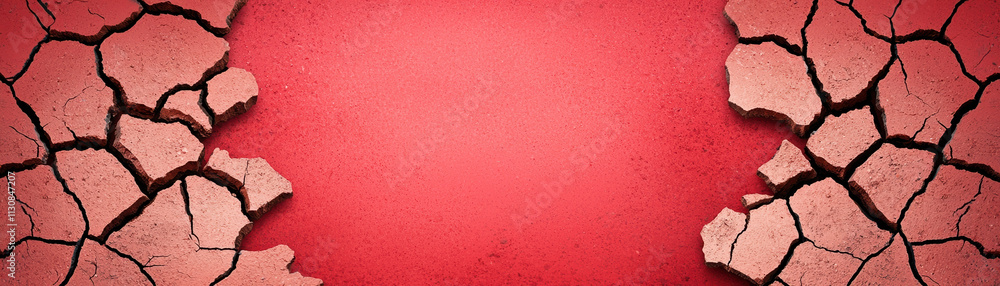 Fototapeta premium Cracked earth texture with rust red background, showcasing dramatic contrast. intricate patterns of cracks create striking visual effect