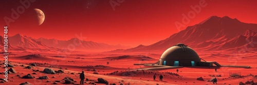 Futuristic illustration of mars surface with alien colony base, dome building, mountains, moon, stars, galaxy exploration, alien, colonization, Mars photo