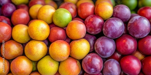 Close up view of a vibrant stack of ambarellas, also known as jewel plums, displayed at a market stall, showcasing the fresh ambarellas in their natural appeal and tempting colors. photo