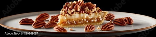 A slice of pecan pie garnished with nuts on a plate, showcasing a delicious dessert.