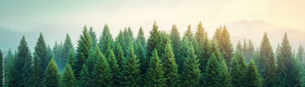 Fototapeta premium Lush evergreen forest with vibrant green trees under soft sunrise glow, creating serene and tranquil atmosphere