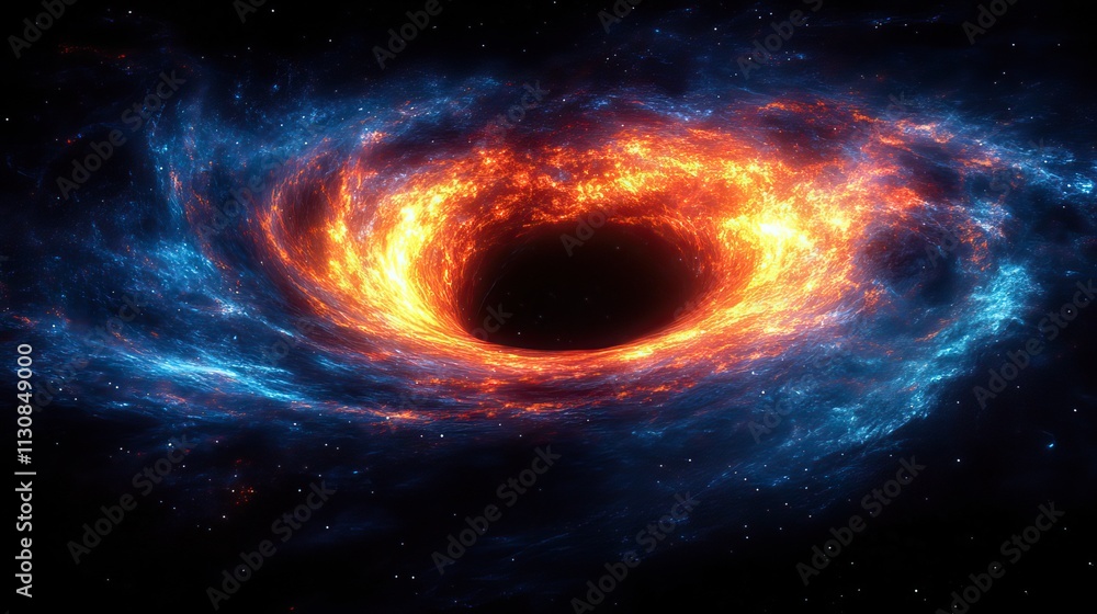 Obraz premium black hole wormhole and a galaxy space spiral create a vortex and dimensional tunnel of cosmic explosion and big bang in the dark sky, ideal for astrology, solar system research, and universe science.
