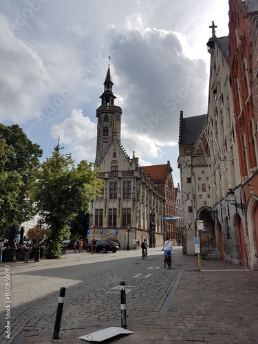 Tower and old buildings in Bruges, Belgium.