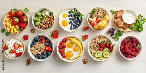 Wallpaper Mural Healthy breakfast food arrangement featuring a top down view over a light wooden background. The healthy breakfast includes omelettes, nutritious bowls, toasts, granola bars, smoothie bowls, yogurts, Torontodigital.ca