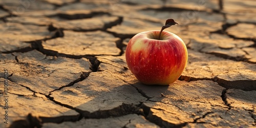 An apple resting on cracked desert soil symbolizes food insecurity and the impact of drought. This image illustrates themes of hunger, water supply shortages, climate change, and desertification. photo