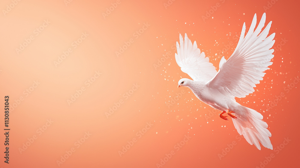 Fototapeta premium graceful white bird soaring against burnt orange background, symbolizing peace and freedom. soft, blurred backdrop enhances bird elegance and motion