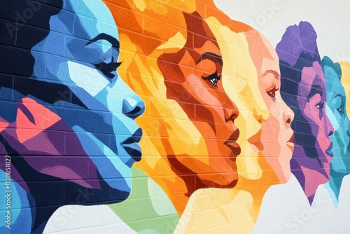 A vibrant mural showcasing diverse female profiles, each rendered in bold colors, symbolizing empowerment and cultural identity through artistic expression. photo