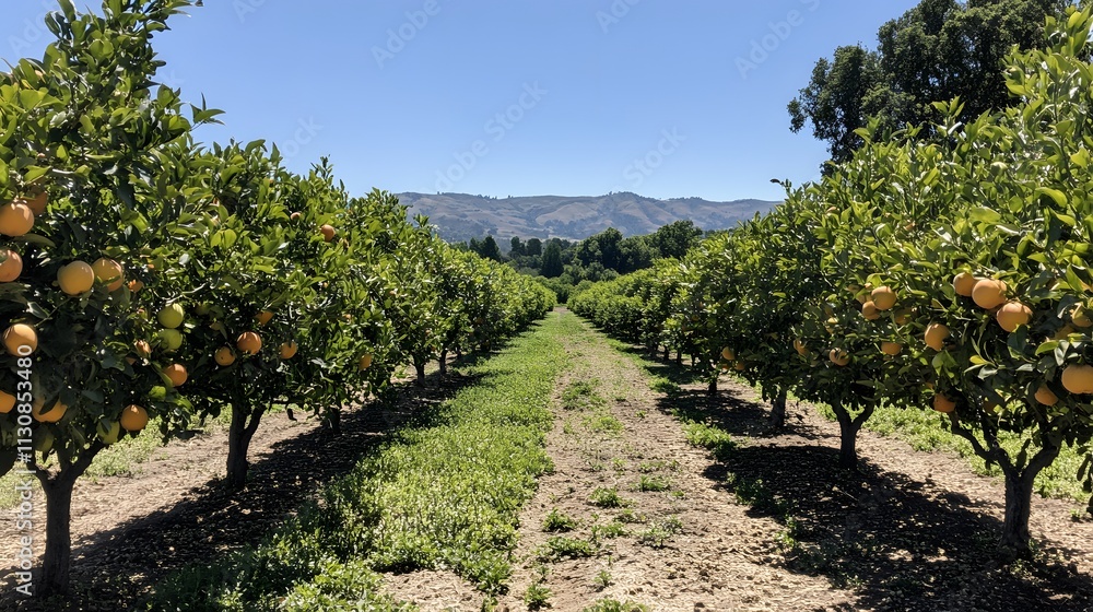 Fototapeta premium Orange Grove Rows Leading To Distant Mountains