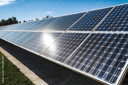 Solar panels reflecting sunlight in a renewable energy installation. photo