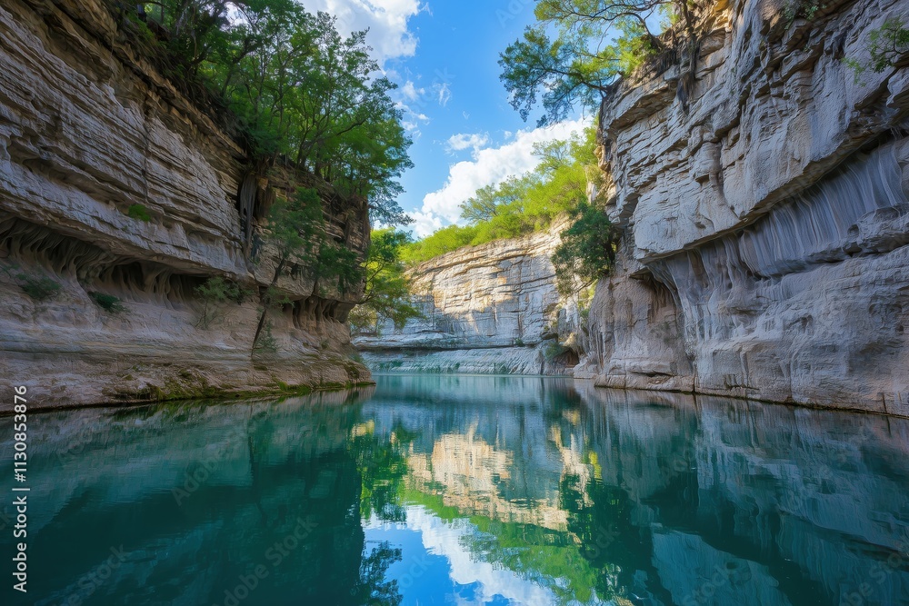 Fototapeta premium Scenic canyon with turquoise water and towering limestone cliffs reflecting in calm river under bright blue sky, tranquil nature view, Ai Generation