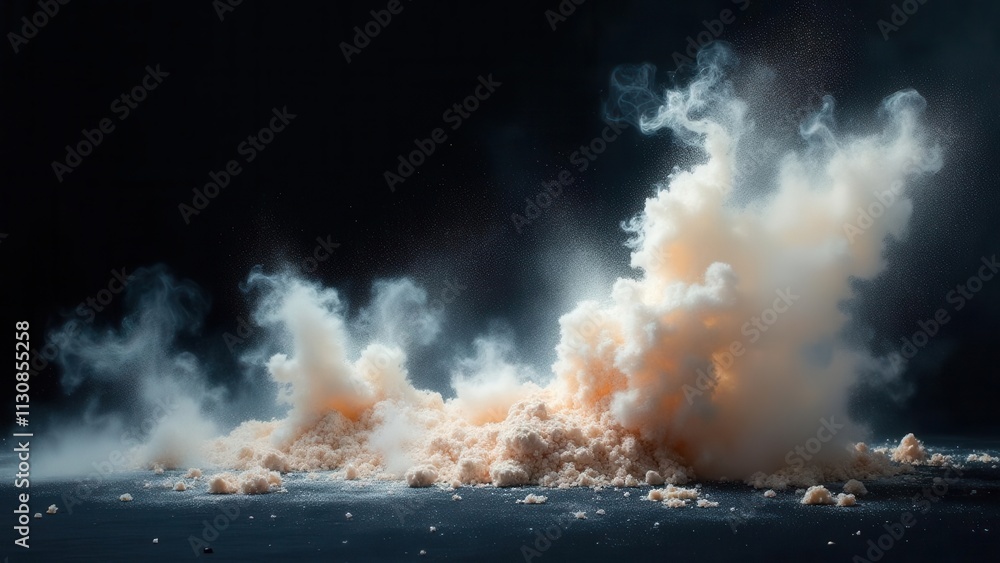 Obraz premium Jagged black reflections. An ethereal scene of wispy clouds of tooth powder floating in the air, set against a black backdrop, creating a dreamlike and whimsical atmosphere.