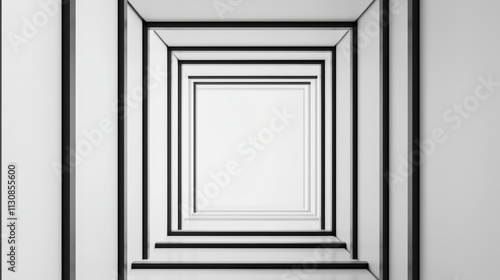 Minimalist interior design featuring series of white and black framed openings creating sense of depth and perspective. clean lines evoke modern aesthetic
