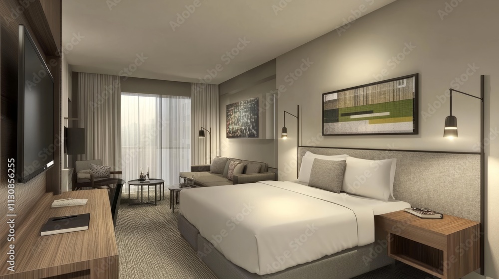 Fototapeta premium A smart hotel room with a minimalist desk, streamlined furniture, and integrated smart blinds for privacy.
