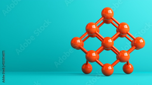 3D illustration of orange molecular structure on bright blue background, showcasing geometric arrangement of spheres connected by rods, representing nanocomposite model photo