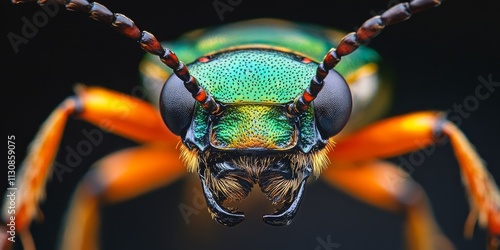 A striking close up showcases the powerful tiger beetle, highlighting its remarkable features and impressive characteristics. The powerful tiger beetle is truly a fascinating subject for nature photo