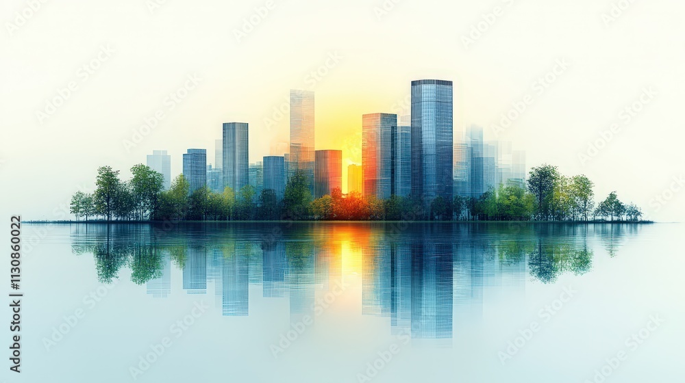 Fototapeta premium Gradient minimalist banner showcasing a city skyline at sunset with reflections on water