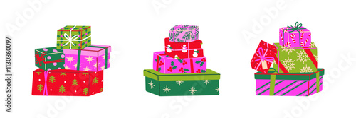 Holiday gift boxes digital illustration. Stack of Christmas presents. Bold acidic colors.