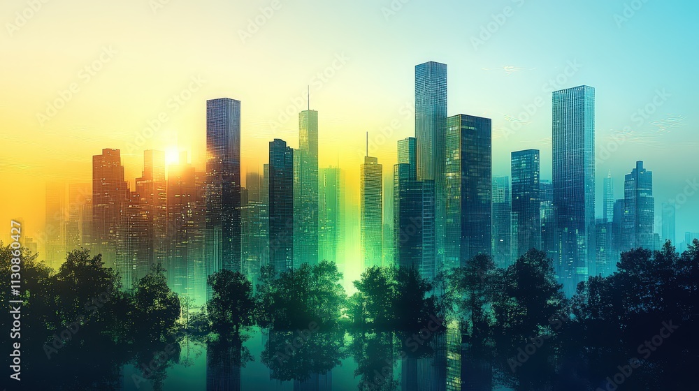 Obraz premium Minimalistic gradient banner showcasing a vibrant city skyline during sunset hours