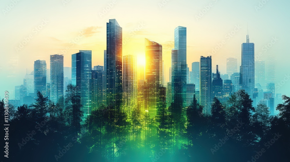 Obraz premium Minimalistic urban skyline banner featuring a gradient sunrise over modern buildings