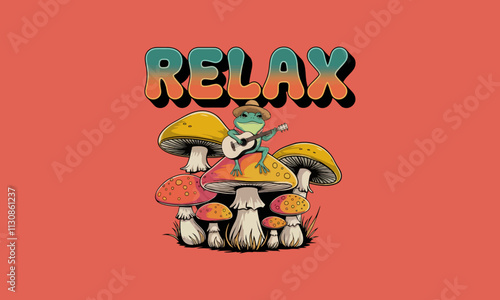 Relax logo with frog playing guitar on mushrooms