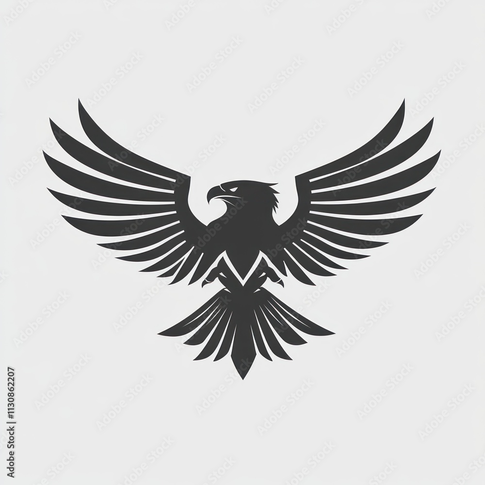 Obraz premium Majestic black eagle with wings spread wide, isolated on light gray background.