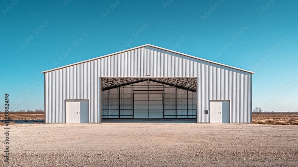 Obraz premium Modern large metal building with large roll-up doors under clear blue sky.