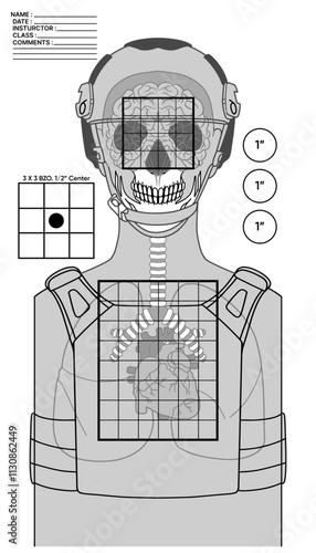 Human shoot target. Firearm shooting range practicing human torso silhouette, Firearms training target, human silhouette, skull, brain, heart, military or police weapon training vector