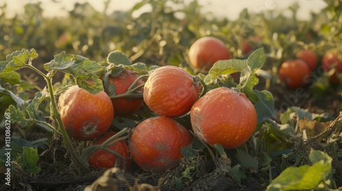 Fresh Pumpkins Growing on a Farm Field Under Soft Natural Light