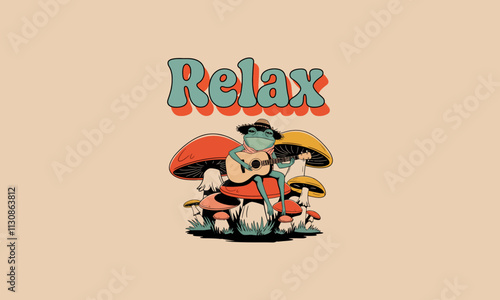 Relax logo with frog playing guitar on mushrooms photo