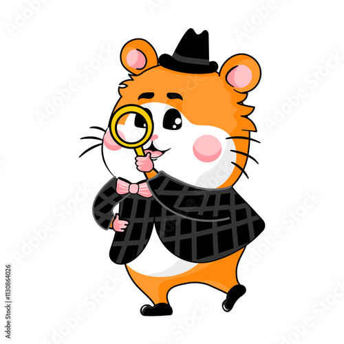 Cute hamster detective character curiously examining with magnifying glass in cartoon style