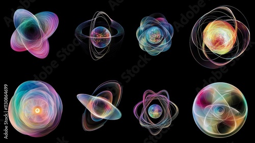 Eight colorful abstract orbital forms. photo