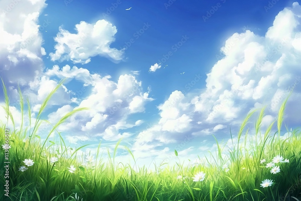 Fototapeta premium Grass, Sky and Cloud. Wallpaper. Fantasy Backdrop. Concept Art. Realistic Illustration. Video Game Digital CG Artwork Background. Nature Scenery.