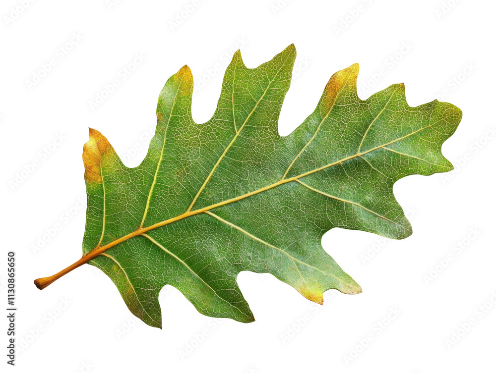 Fototapeta premium Isolated Green Oak Leaf on White Transparent Background