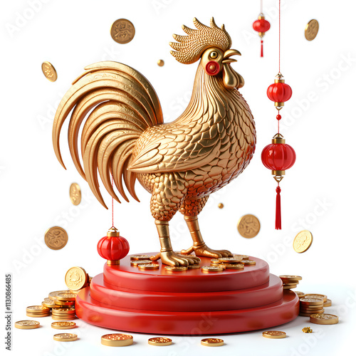 Radiant golden rooster amidst wealth coins and lanterns  a stunning festive display, 3d rendering of festive theme concept. photo