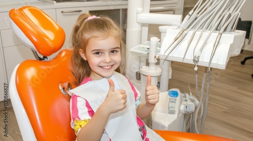 Happy young girl as a dental patient giving a thumbs up in a modern clinic, symbolizing satisfaction, successful treatment, dental health, and professional oral care services photo