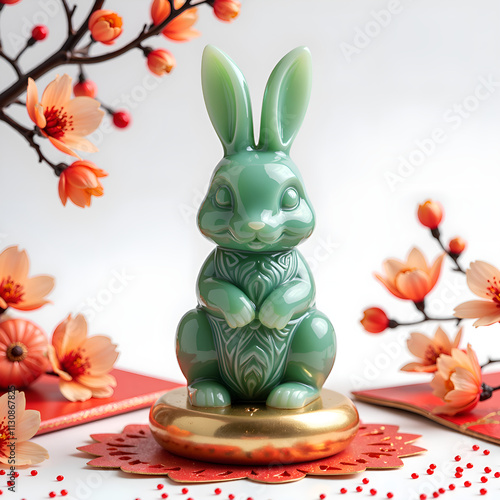 Serene jade rabbit figurine surrounded by blossoms and festive decor, photography of still life concept.