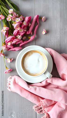 Hello spring concept. Top view photo of cup of frothy coffee gypsophila flowers and pink scarf on grey wooden desk background with blank space, minimalism, with white tones