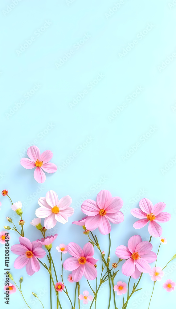 Beautiful spring pink flowers on blue pastel table top view. Floral border. Flat lay style, color sketch, with white tones Beautiful spring pink flowers on blue pastel table top view. Floral border. Flat lay style, color sketch, with white tones
