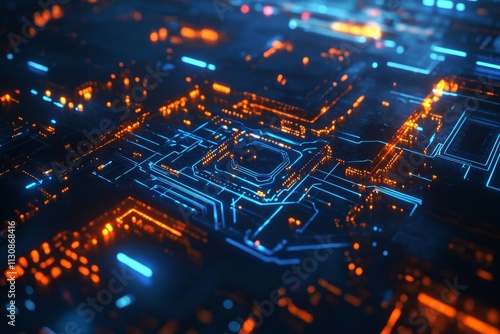 Wallpaper Mural Futuristic circuit board with glowing blue and orange lines. Torontodigital.ca