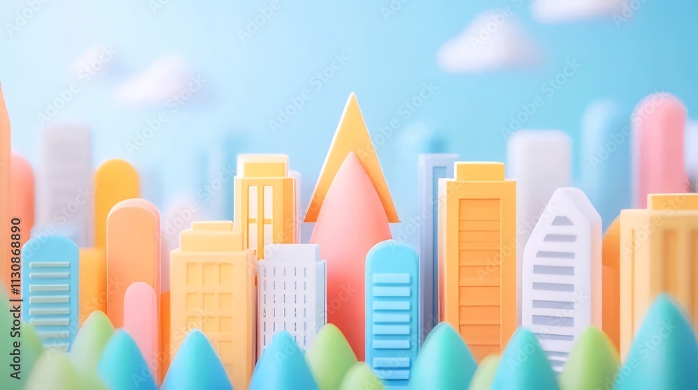 Pastel-colored cityscape model with pointed buildings and hills. Pastel-colored cityscape model with pointed buildings and hills.
