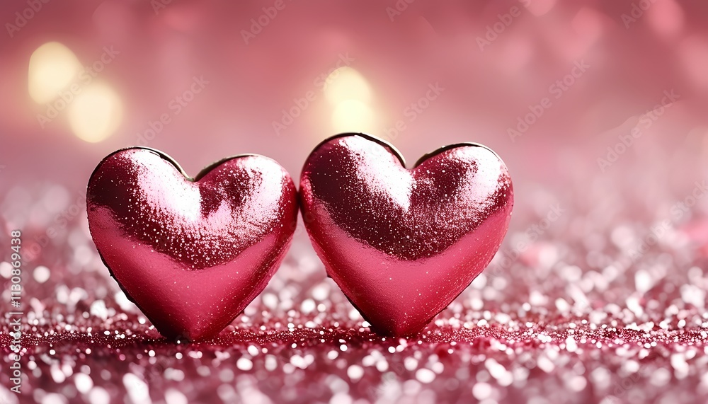 Fototapeta premium Valentine's day celebration with shiny heart decorations in a romantic pink environment captured from a close-up perspective for love-themed content