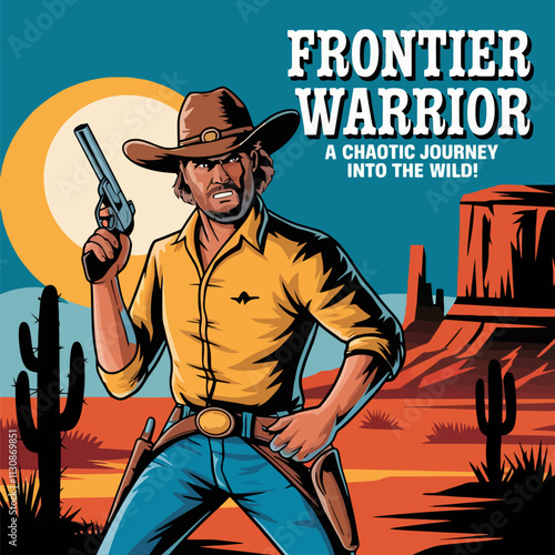 Frontier warrior logo with cowboy and desert background