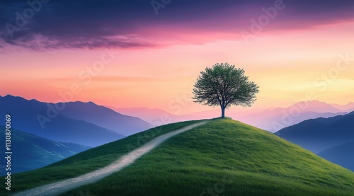 Un arbre isolé au sommet d'une colline verdoyante, avec un chemin de terre, montagnes en arrière-plan et un ciel coloré au coucher du soleil. photo