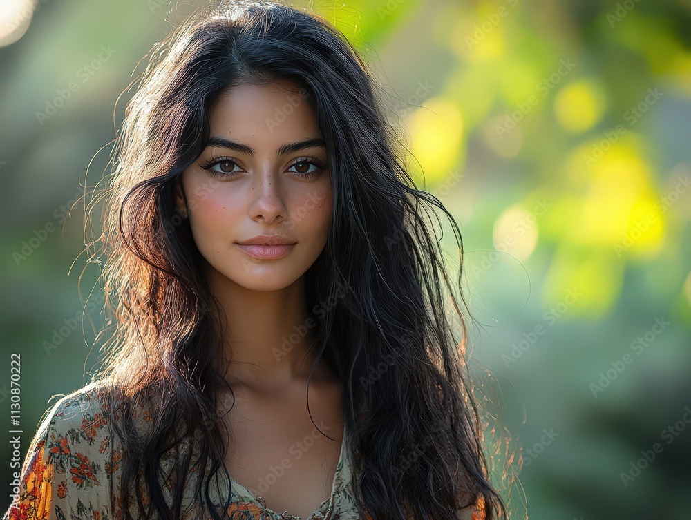Naklejka premium Beautiful woman captured in creative angle amidst natural greenery