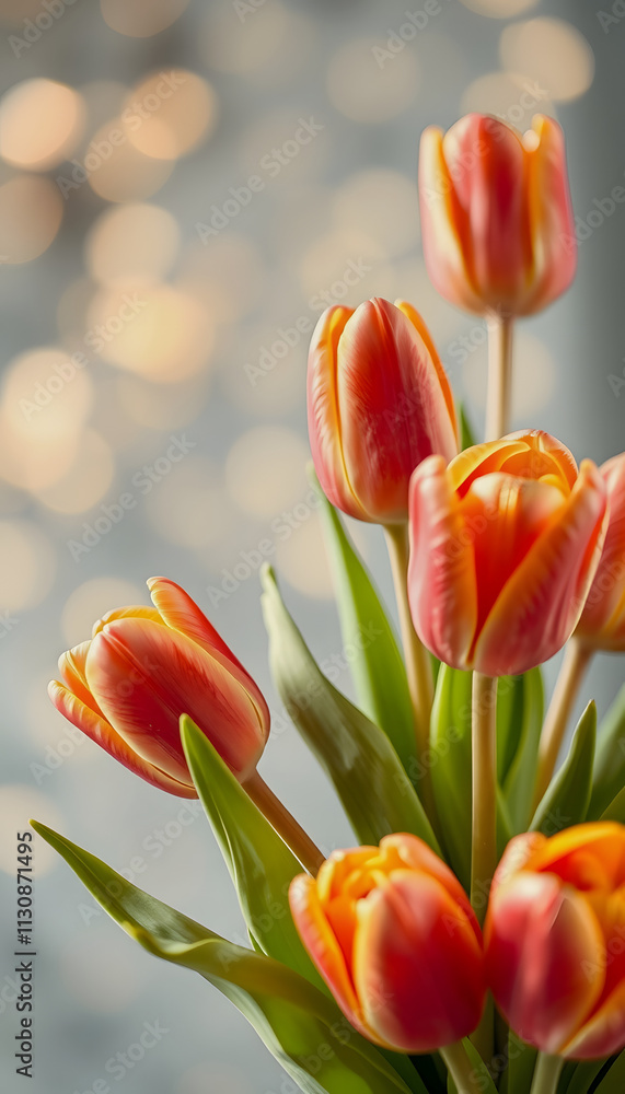 Obraz premium Beautiful tulip bouquet and bokeh background, Thanksgiving Mother's Day concept illustration, professional photography, with white tones