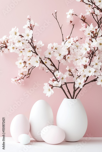 Pastel eggs and blossoming branches in a white vase celebrate spring against a soft pink backdrop