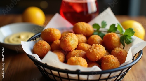 Wallpaper Mural Golden, crispy croquettes are served in a basket with parsley garnish, alongside a creamy dipping sauce and a refreshing drink in the background Torontodigital.ca