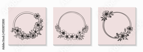 Set of circle wedding frames with flowers isolated on a pink background.